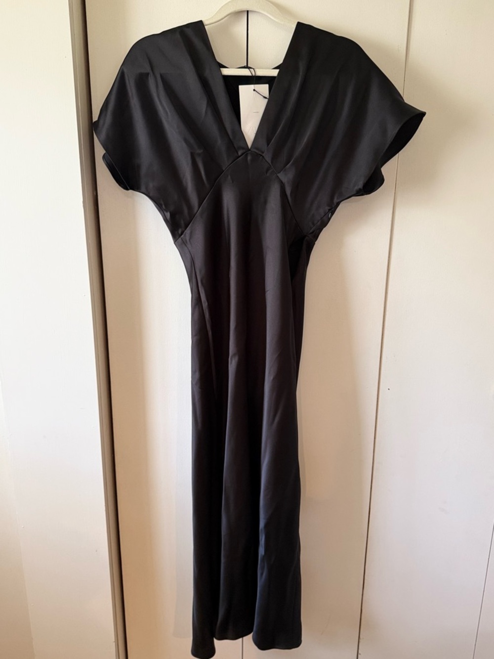 NEW Zara Black Satin Effect V-Neck Midi Slip Dress Size M Puff sleeves - Picture 7 of 13